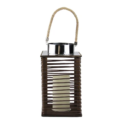 11.75" Wooden Corded Lantern with LED Pillar Candle