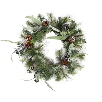 24" Artificial Mixed Pine with Blueberries & Pine Cones Wreath, Unlit