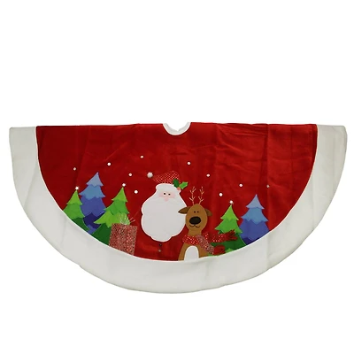48" Embroidered Santa Claus & Reindeer Velveteen Tree Skirt