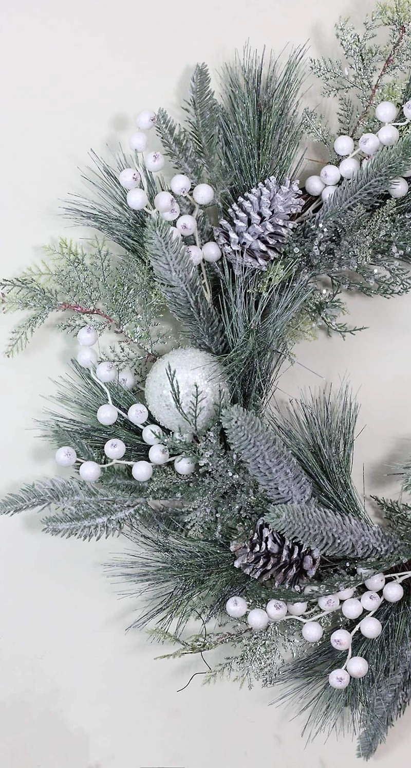 24" Frosted Artificial Mixed Pine and Pine Cone Wreath with Berries, Unlit