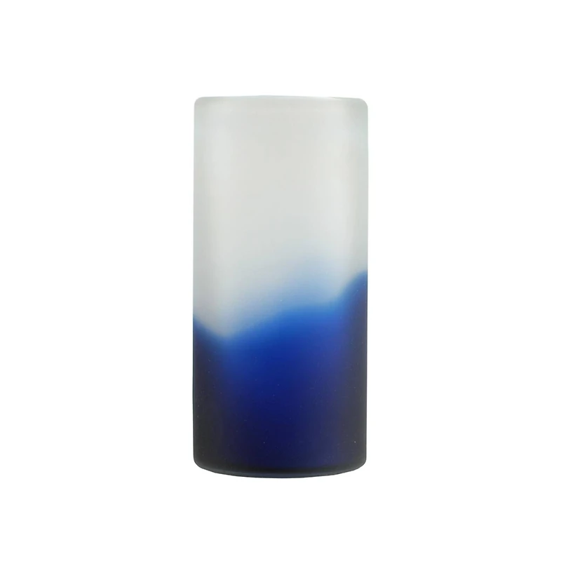 10.5" Frosted Cylindrical Glass Vase, Zaffre Blue & White Smoke