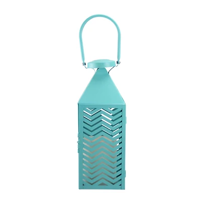 13.5" Fancy Fair Teal Blue Chevron Pillar Candle Lantern