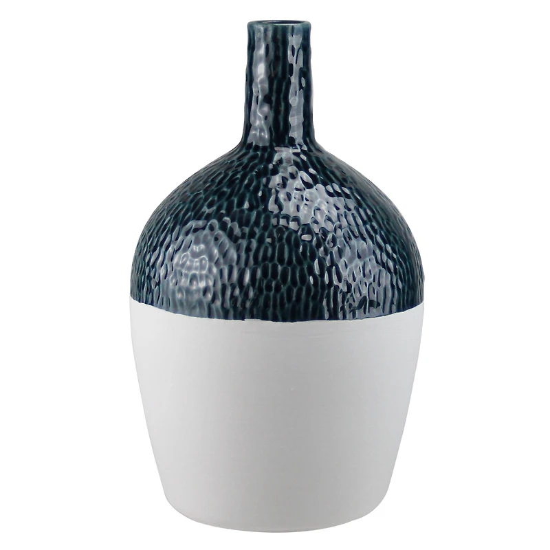 12" Botanic Beauty Wavy Ceramic Earthenware Vase, Dark Teal & White