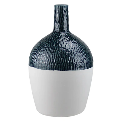 12" Botanic Beauty Wavy Ceramic Earthenware Vase, Dark Teal & White