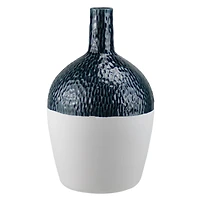 12" Botanic Beauty Wavy Ceramic Earthenware Vase, Dark Teal & White