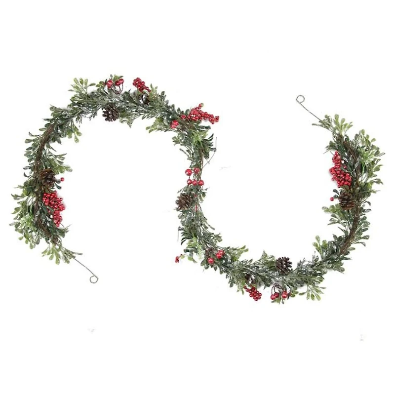 Glittered Artificial Boxwood Pine Cones & Red Berry Garland, Unlit