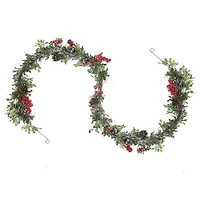 Glittered Artificial Boxwood Pine Cones & Red Berry Garland, Unlit