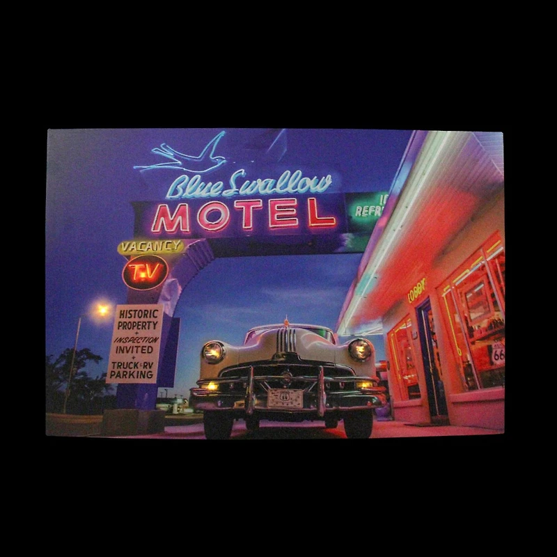 LED Lighted Blue Swallow Motel with Classic Car Canvas Wall Art