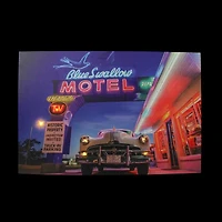 LED Lighted Blue Swallow Motel with Classic Car Canvas Wall Art