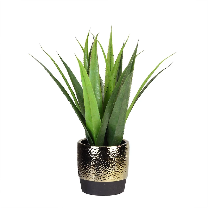 17" Green Artificial Agave in Hammered Gold Look Ceramic Pot