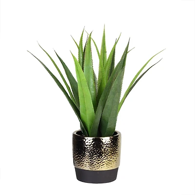 17" Green Artificial Agave in Hammered Gold Look Ceramic Pot