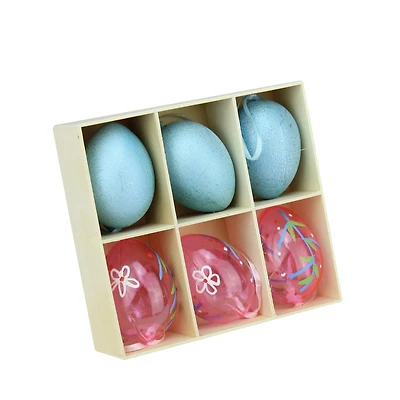 Set of 6 Blue Glitter and Transparent Pink Spring Easter Egg Ornaments