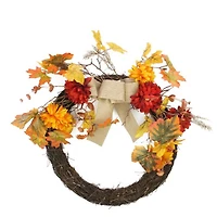 20" Autumn Harvest Mixed Leaf & Mum Flower Twig Wreath, Unlit
