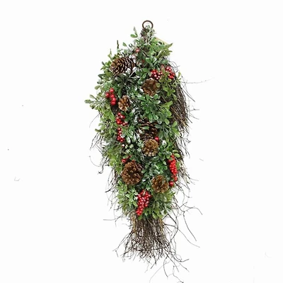 28" Unlit Glittered Boxwood, Pine Cones & Red Berry Teardrop Swag