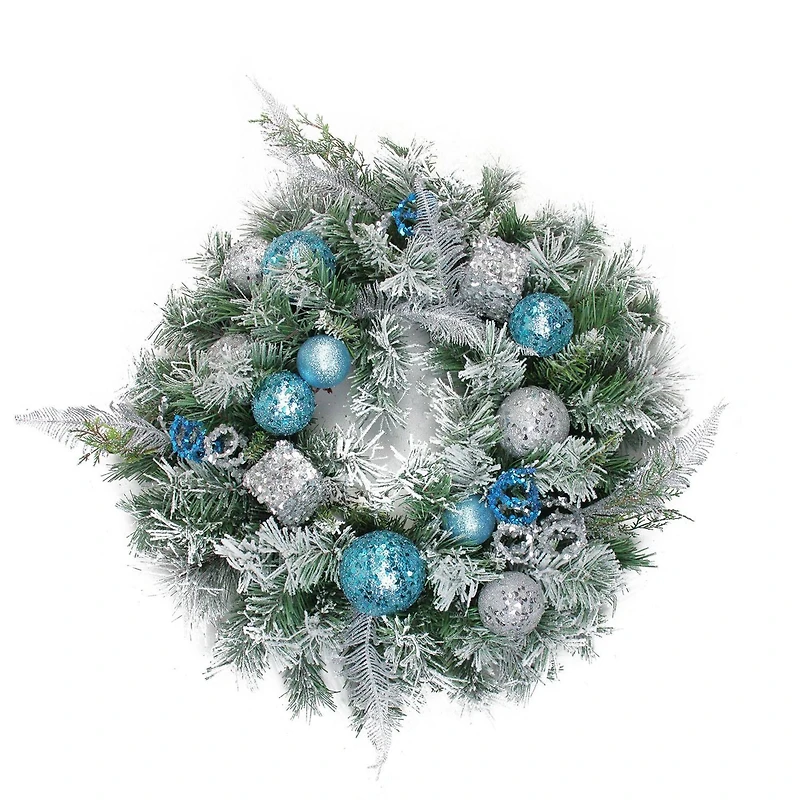 24" Blue & Silver Sequin Ornaments Artificial Flocked Pine Wreath