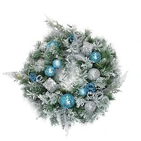 24" Blue & Silver Sequin Ornaments Artificial Flocked Pine Wreath