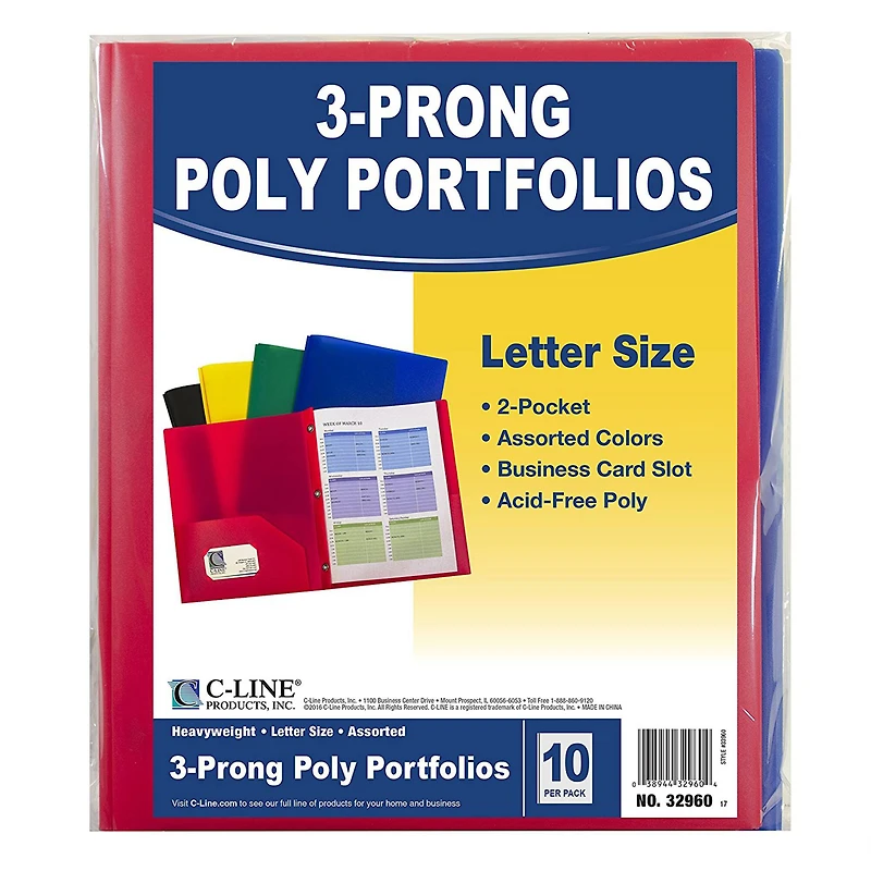 C-Line® Two-Pocket Heavyweight Poly Portfolio Folder with Prongs
