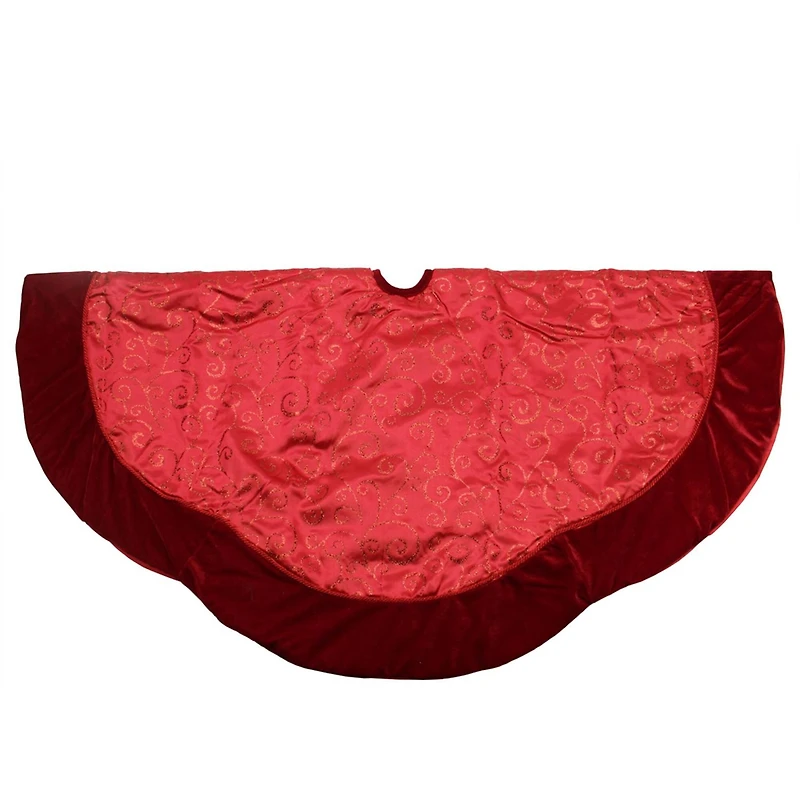 48" Red Glittered Swirl & Velveteen Trim Tree Skirt