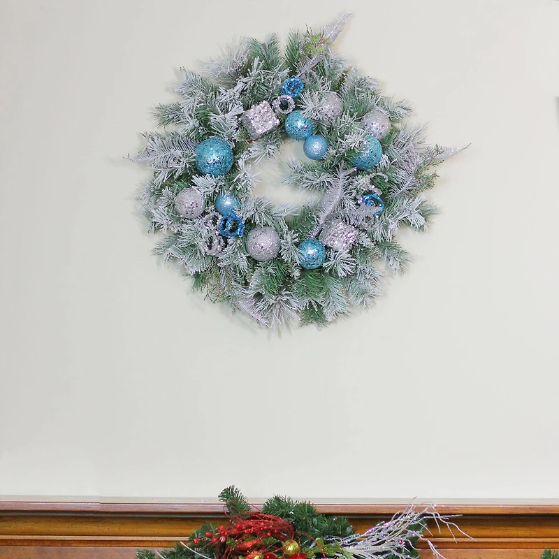 24" Blue & Silver Sequin Ornaments Artificial Flocked Pine Wreath