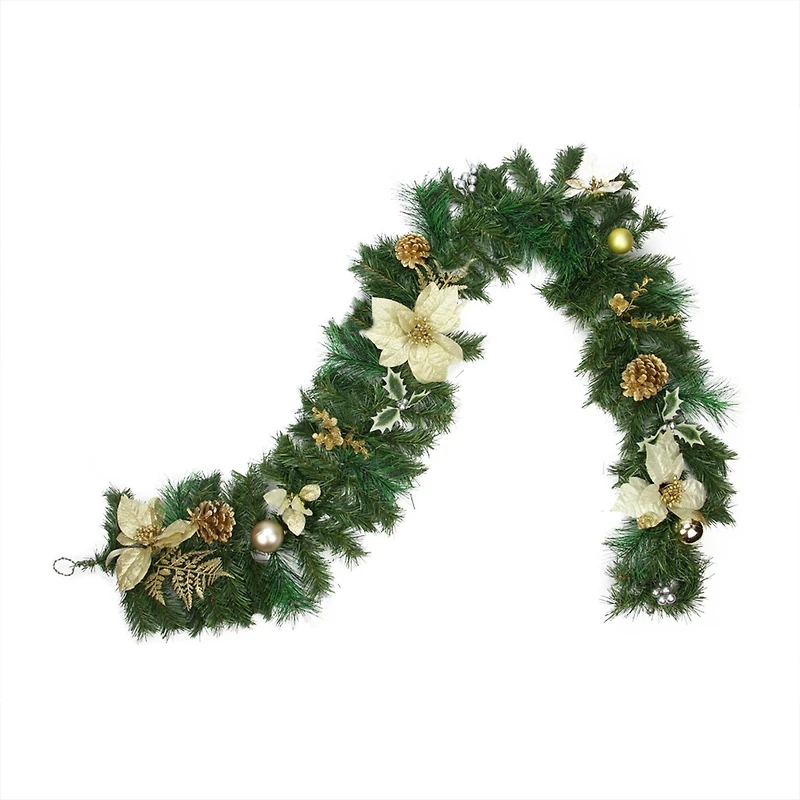 Pre-Decorated Gold Poinsettia Pine Cone & Ball Artificial Garland, Unlit
