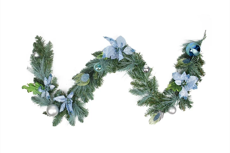 Pre-Decorated Peacock Feathers & Poinsettias Artificial Garland, Unlit