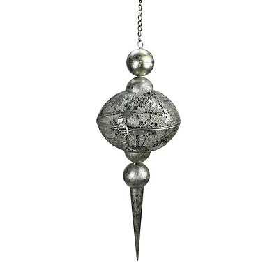 23" Silver Antique Metal Snowflake & Mesh Finial Hanging Tealight Lantern