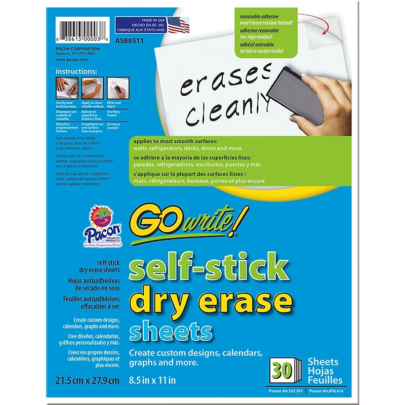 GoWrite!® Self-Stick Dry Erase Sheets, Pack of 30