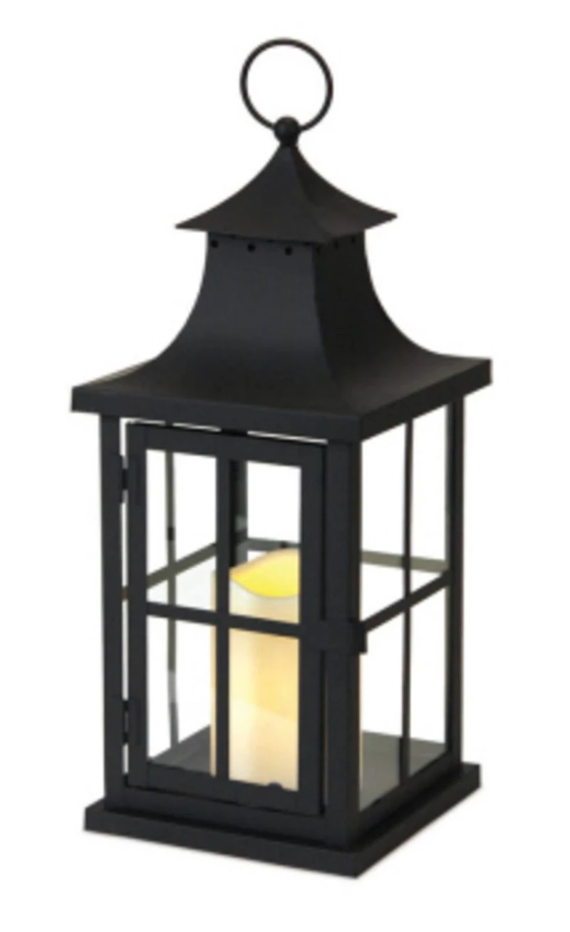 14" Asian Iron Lantern with LED Pillar Candle, Black