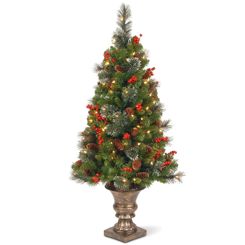 4 ft. Pre-Lit & Pre-Decorated Potted Crestwood Spruce Slim Artificial Christmas Tree, Clear Lights