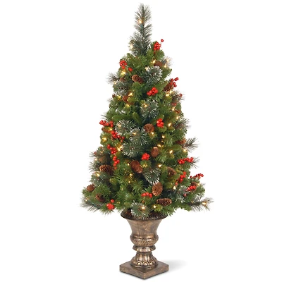 4 ft. Pre-Lit & Pre-Decorated Potted Crestwood Spruce Slim Artificial Christmas Tree, Clear Lights