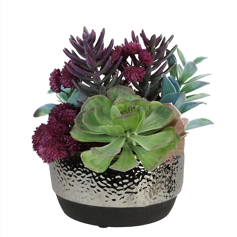 8" Artificial Succulent Arrangement In Silver Ceramic Pot