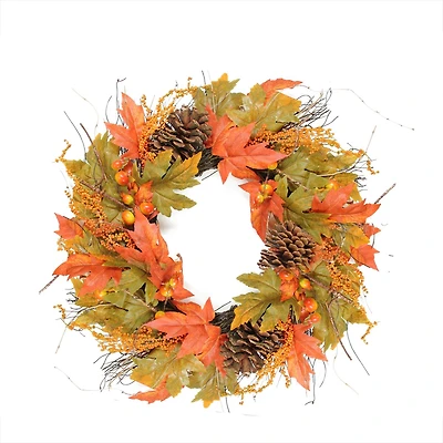 24" Autumn Harvest Decorative Artificial Berries, Leaves, Pine Cones and Twigs Wreath