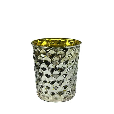 4" Yellow & Silver Hammered Mercury Glass Votive Candle Holders, Set Of 4