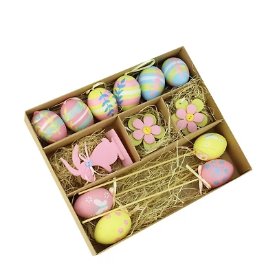 Set of 13 Multicolor Pastel Easter Egg, Flower & Bunny Spring Decorations