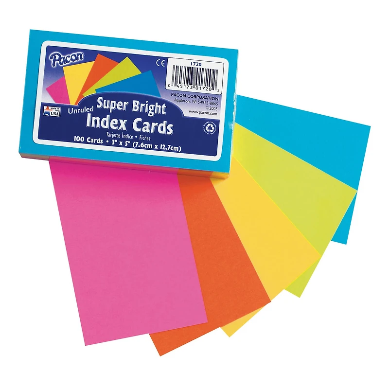 Super Bright Unruled Index Cards, 3" x 5", 6 Packs