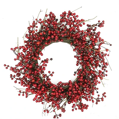 20" Shiny Red Berry Artificial Wreath with Brown Twig Accents, Unlit