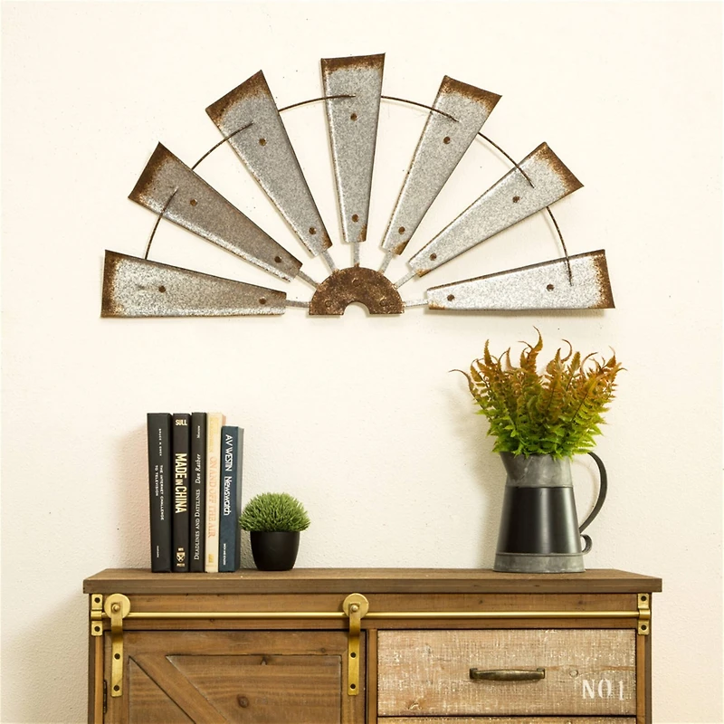 Glitzhome® Galvanized Metal Semi-Circle Windmill Wall Décor