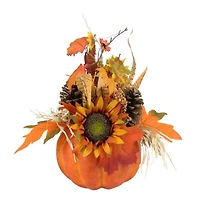 10" Autumn Harvest Artificial Pumpkin with Mixed Fall Leaves, Mums and Pine Cones Decoration