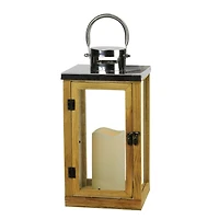 13.75" Rustic Wood and Glass Flameless Pillar Candle Lantern