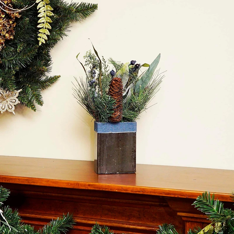 13" Square Potted Frosted Blueberry & Pine Artificial Arrangement