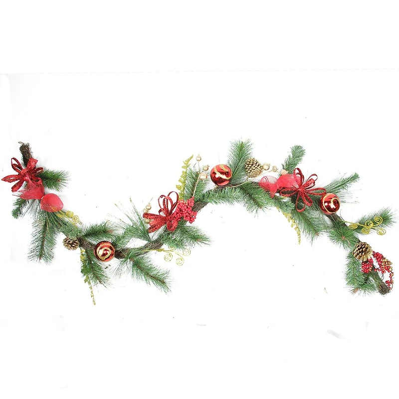Red Ball Ornaments Grapevine & Pine Artificial Garland, Unlit