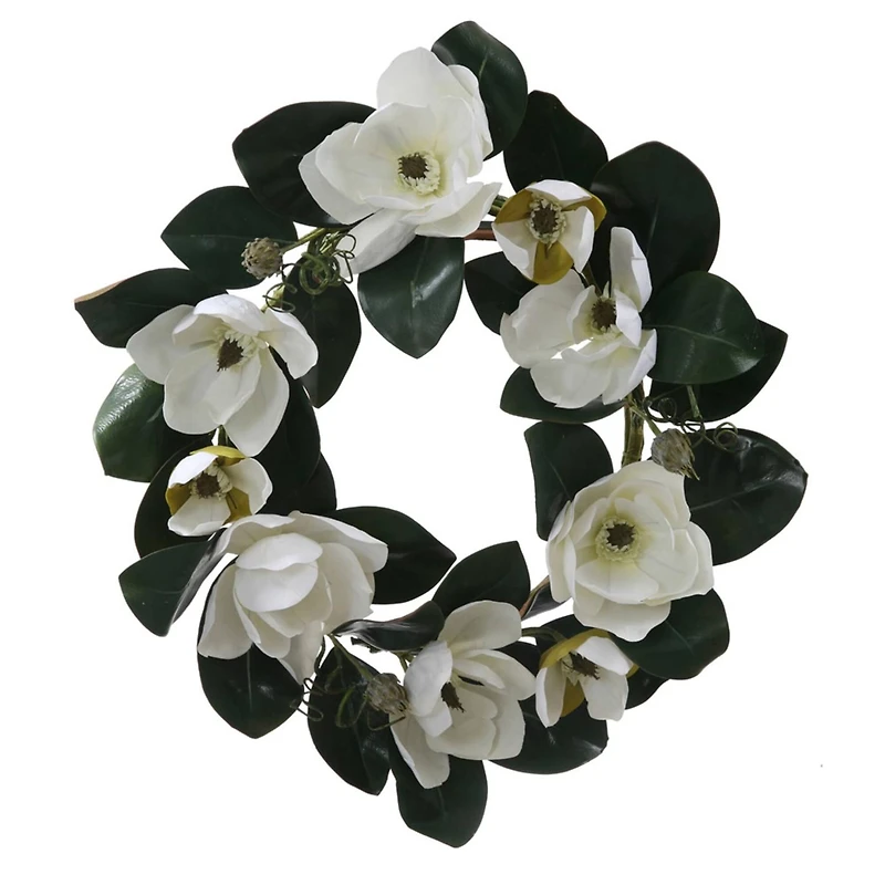 26" White Magnolia Flower Silk Wreath