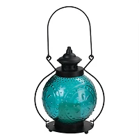 Ocean Blue Molded Glass Lantern with LED Pillar Timer Candle