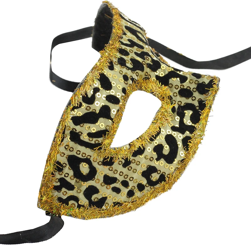 7" Gold and Black Big Cat Animal Print Halloween Mask with Sequins and Glitter