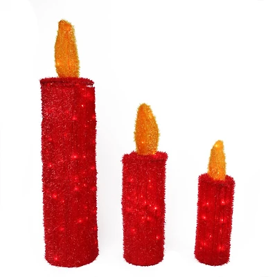 Set of 3 Pre-Lit Red & Gold Tinsel Candle Christmas Yard Art Decorations