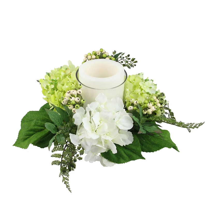 16" & Green Artificial Hydrangea & Berry Hurricane Glass Candle Holder