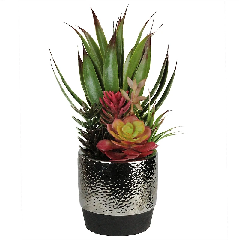 15" Artificial Succulents & Agave in Silver Ceramic Pot