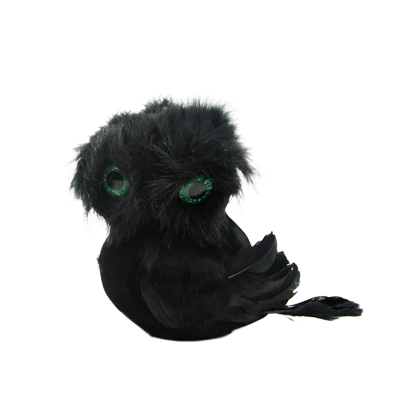5.75" Spooktacular Black Faux Fur and Feathered Owl Halloween Decoration