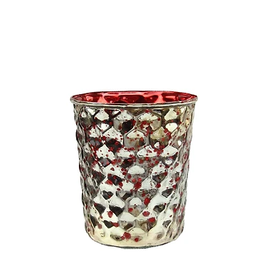 4" Red & Silver Hammered Mercury Glass Votive Candle Holder, Set of 4