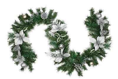 Pre-Decorated Silver Poinsettia Pine Cone & Ball Artificial Garland, Unlit